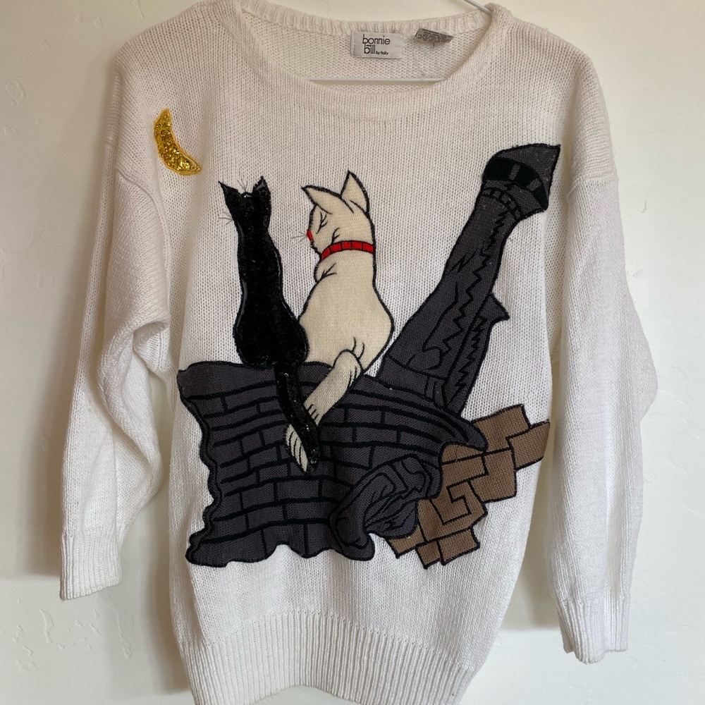 Cats Moon Vintage Embroidered Appliqué Sequins Sweater Bonnie Bill Ramie Cotton